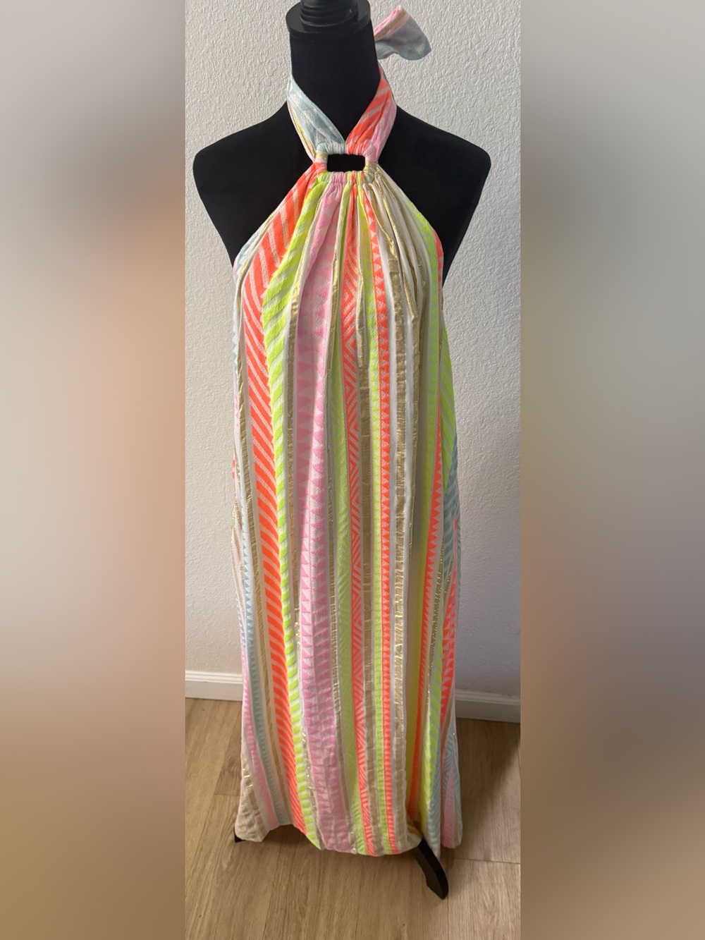 Neon Stripe Halter Maxi Dress - Pink, Orange, Lime